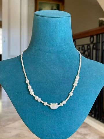 Freshwater Pearl Necklace | 4×5mm · White Oval · Flawless · Cat Head Shell Design · S925 Silver · Adjustable