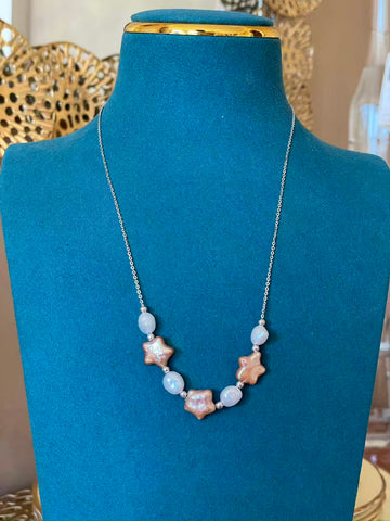 Freshwater Pearl Necklace | 6–11mm · White Baroque & Champagne Star-Shaped Pearls · Movable Design · S925 Sterling Silver · Adjustable