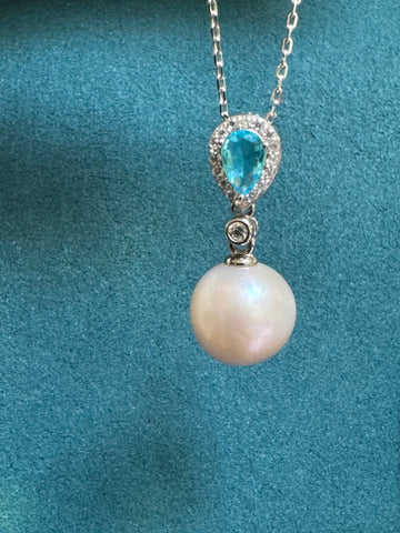 Freshwater Pearl Pendant | 10–11mm · Near-Round White · Zircon & Blue Crystal Accent · S925 Sterling Silver (Pendant Only)