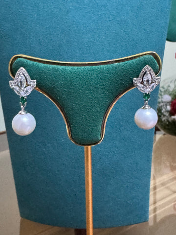 Freshwater Pearl Drop Earrings | 9–10mm · Near-Round · Zircon Flower Design · S925 Sterling Silver · 2.8cm Length