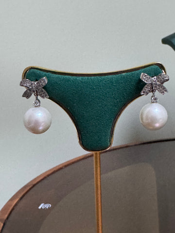 Freshwater Pearl Drop Earrings | 11–12mm · Perfectly Round · Zircon Bow Design · S925 Sterling Silver · 2.5cm Length