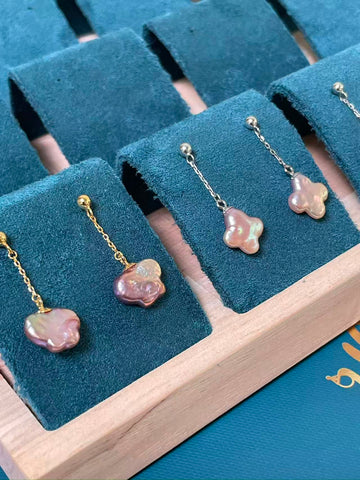 Freshwater Pearl Drop Earrings | 3×9mm · Purple Flower Shape · S925 Sterling Silver / Gold-Plated · 3.2cm Length · Random Shipment