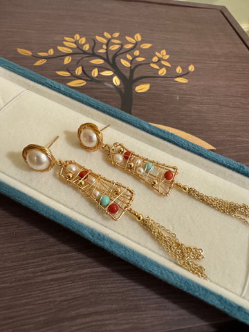 Freshwater Pearl Drop Earrings | 3–8mm · Flat-Round & Mixed Sizes · Turquoise & Red Agate Accents · Gold-Plated S925 Silver · 8.5cm Length