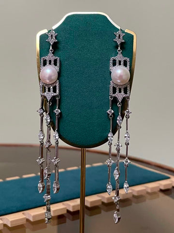 Freshwater Pearl Drop Earrings | 8×10mm · Flat-Round · Silk-Like Luster · Zircon & S925 Sterling Silver · 11cm Length