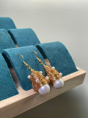 Freshwater Baroque Pearl Earrings | 5cm · 14 Pearls · Hand-Woven Design · Gold Accents