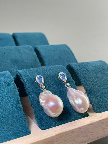 White Baroque Pearl Drop Earrings | 13×20mm · Super Strong Luster · Zircon & Blue Crystal · S925 Sterling Silver