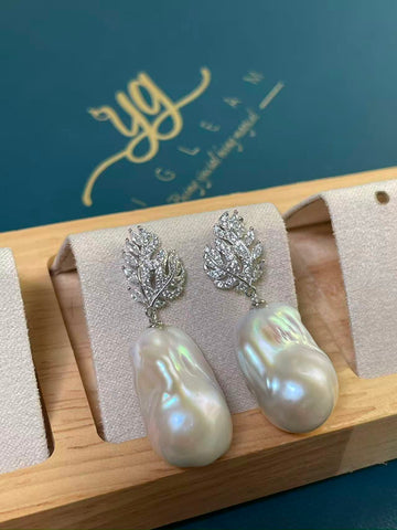 White Baroque Pearl Drop Earrings | 13×23mm · Super Strong Luster · Leaf Design · S925 Sterling Silver