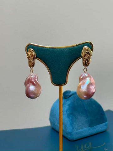 Purple Baroque Pearl Drop Earrings | 13×23mm · Iridescent Glow · Gold-Plated Setting