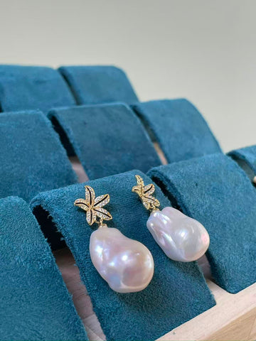 White Baroque Pearl Floral Drop Earrings | 12×18mm · Super Strong Luster · Gold-Plated Flower Design