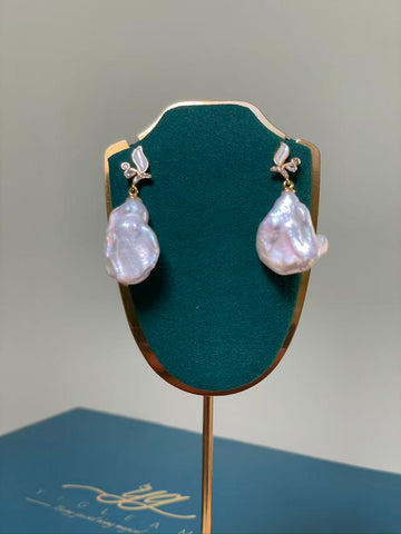 White Baroque Pearl Drop Earrings | 6–7×25mm · Oval Shape · Super Strong Luster · Gold-Plated S925 Silver & Shell Inlay