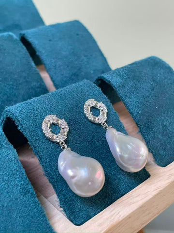 White Baroque Pearl Drop Earrings | 12–13×18–19mm & 13–14×21–22mm · Super Strong Luster · Gold-Plated S925 Silver · Zircon Accents