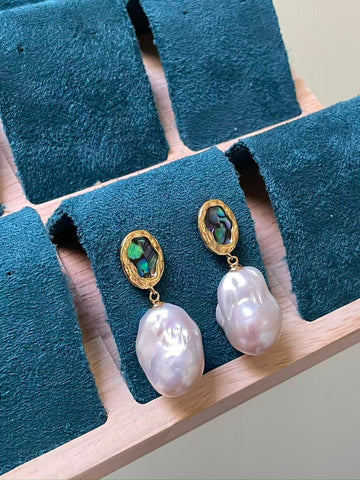 White Baroque Pearl Drop Earrings | 13×20mm · Super Strong Luster · Gold-Plated Metal · Iridescent Shell Inlay · Abstract Hoop Design