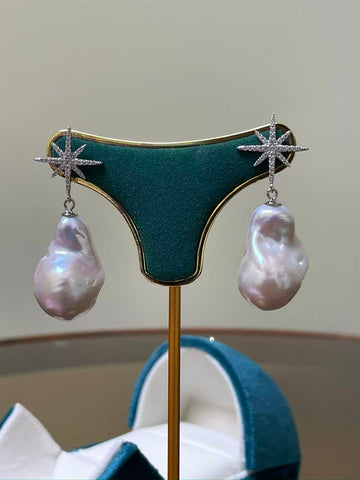 White Baroque Pearl Drop Earrings | 13×22mm · Super Strong Luster · S925 Sterling Silver · Zircon Star Design