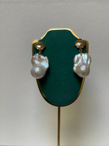 White Baroque Pearl Drop Earrings | 13–14×17–19×25–26mm · Iridescent White Glow · Gold-Plated Setting · Shell-Inspired Back
