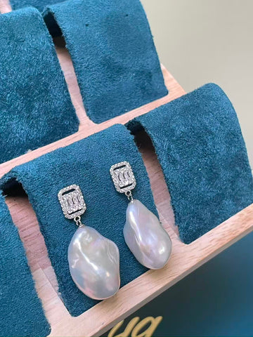 White Baroque Pearl Drop Earrings | 13–14×15–16×25mm · Thick Nacre · Iridescent White-Blue Glow · S925 Sterling Silver · Zircon Square Back