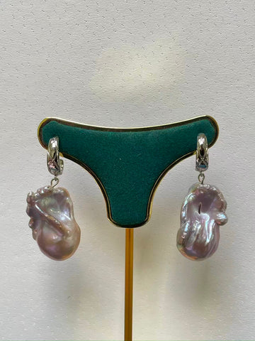 Lavender Baroque Pearl Drop Earrings | 14×15×27mm · Iridescent Glow · Silver-Tone Setting · Hook Design