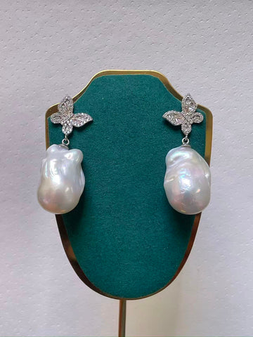 White Baroque Pearl Drop Earrings | 14×15–23mm · Thick Nacre · Strong Luster · S925 Sterling Silver · Zircon Butterfly Design