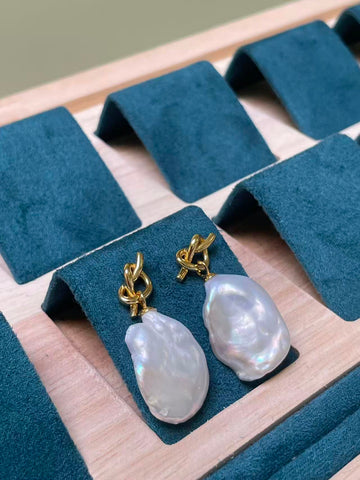 White Baroque Non-Nucleated Pearl Drop Earrings | 6–7×16–24×25mm · Thick Nacre · Strong Luster · S925 Sterling Silver · Gold-Plated Ribbon Heart Design
