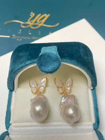 White Baroque Pearl Drop Earrings | 12×14–23mm · Thick Nacre · Strong Luster · S925 Sterling Silver · Gold-Plated · Shell Inlay · Butterfly Design