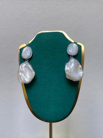 White Baroque Non-Nucleated Pearl Drop Earrings | 7×16×19mm · Thick Nacre · Strong Luster · S925 Sterling Silver · Oval Shell Design