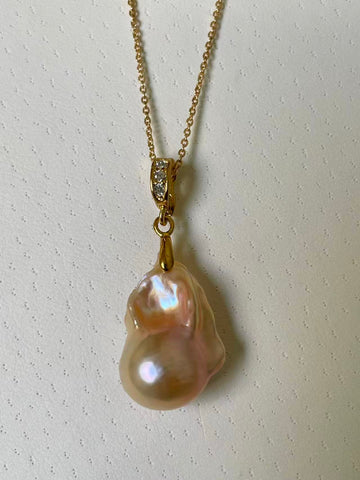 Champagne Baroque Pearl Pendant | 12×16×27mm · Subtle Iridescence · Gold-Plated Setting · Zircon Universal Bail (Chain Included)