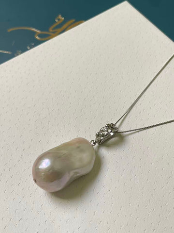 White Baroque Pearl Pendant | 16×16×29mm · Strong Luster · S925 Sterling Silver Setting (Chain Included)
