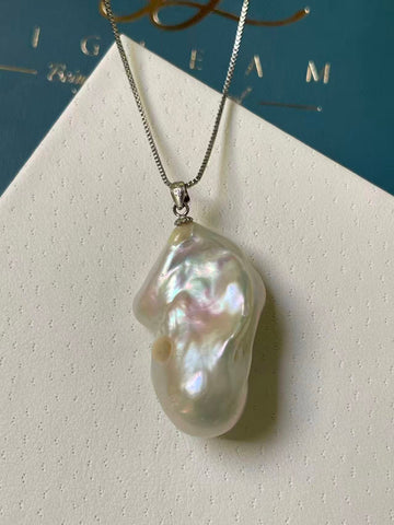 White Large Baroque Pearl Pendant | 13×14–16×37mm · Silky Surface · Strong Luster · S925 Sterling Silver · Melon-Shaped Bail (Chain Included)