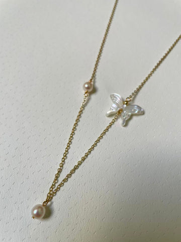 Freshwater Pearl Butterfly Necklace | 90cm · Iridescent Shell Butterfly · Gold-Plated Chain