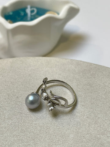 Akoya Pearl Open Ring | 8–9mm Natural Saltwater Pearl · S925 Silver · Adjustable Fit