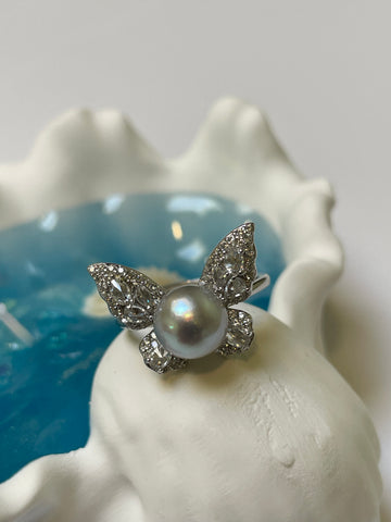 Butterfly Akoya Pearl Ring | 7.5–8mm Near-Round · S925 Silver · Adjustable Open Band