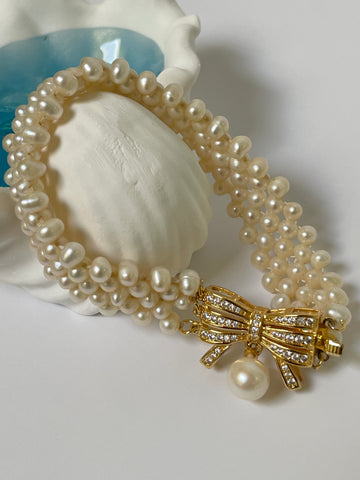 Layered Freshwater Pearl Bracelet with Bow Clasp | 3–4mm & 7–8mm Pearls · Handmade Elegance