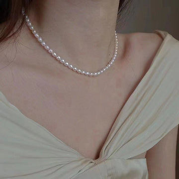 High-Luster Rice Pearl Necklace | 5–6mm Nucleation-Free Freshwater Pearls · Sterling Silver Extension Chain