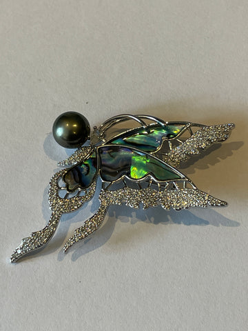 Abalone Shell Butterfly Brooch | Iridescent Wings · Tahitian Pearl Accent