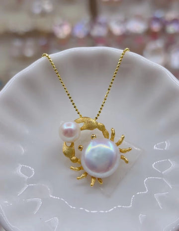 Freshwater Pearl Necklace with Crab Pendant | 10–11mm & 5–6mm · Flattened Shape · S925 Sterling Silver · Anti-Oxidation Coating