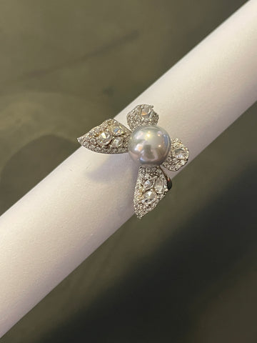 Butterfly Akoya Pearl Ring | 7.5–8mm Near-Round · S925 Silver · Adjustable Open Band