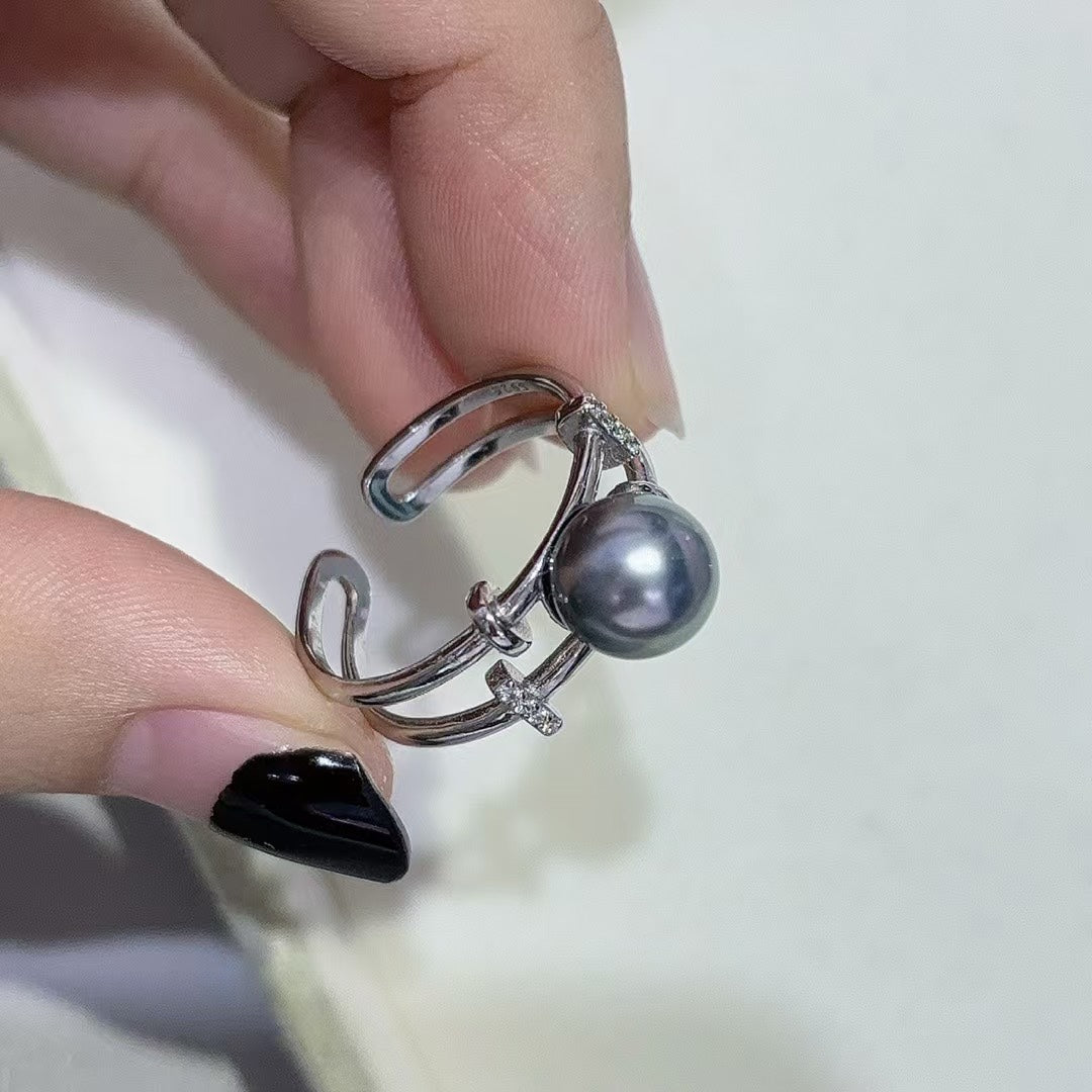 Tahitian Platinum Grey Pearl Ring | 8–9mm Round · Brilliant Luster · Adjustable S925 Silver Band