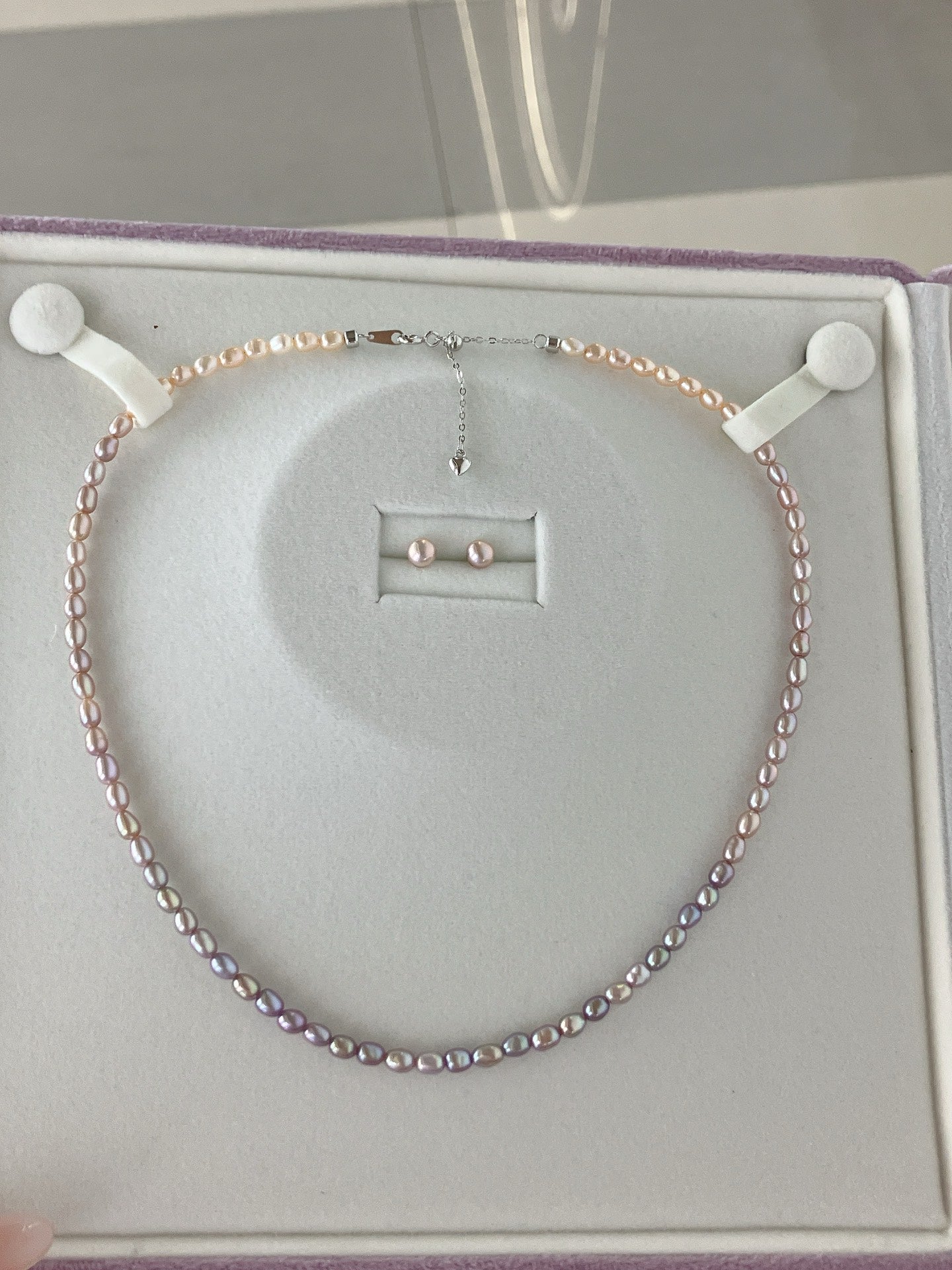 Purple Gradient Mini Pearl Set | 3–4mm Aurora Freshwater Pearl Necklace + Button Pearl Studs · S925 Silver