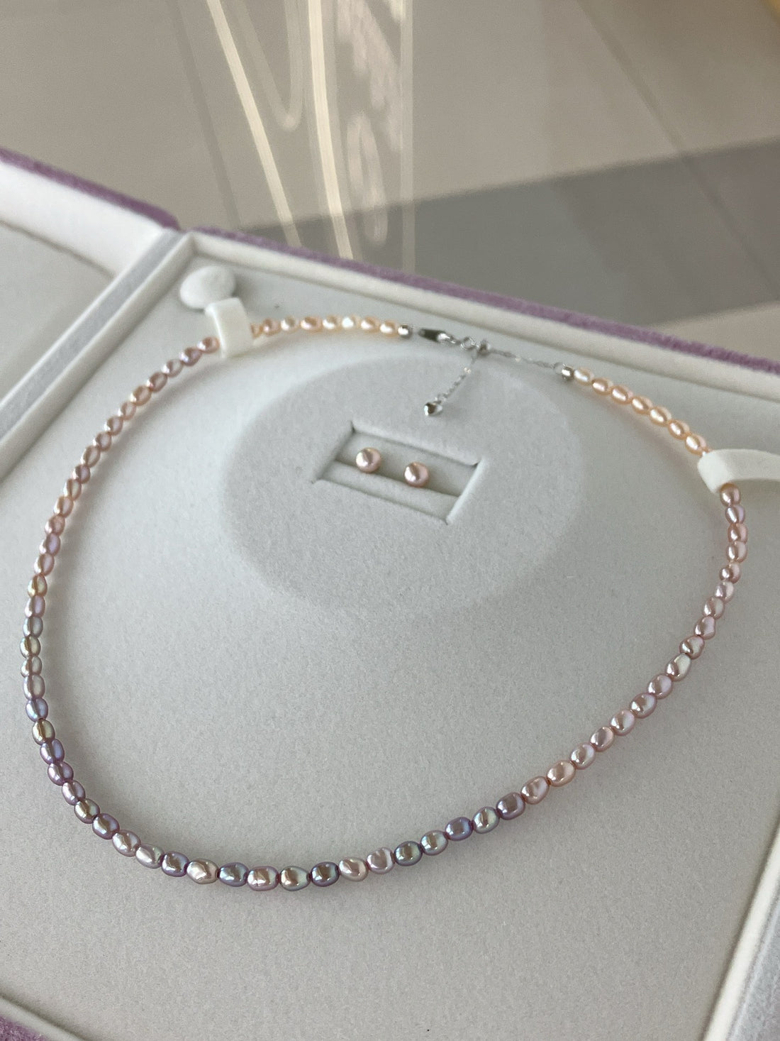 Purple Gradient Mini Pearl Set | 3–4mm Aurora Freshwater Pearl Necklace + Button Pearl Studs · S925 Silver