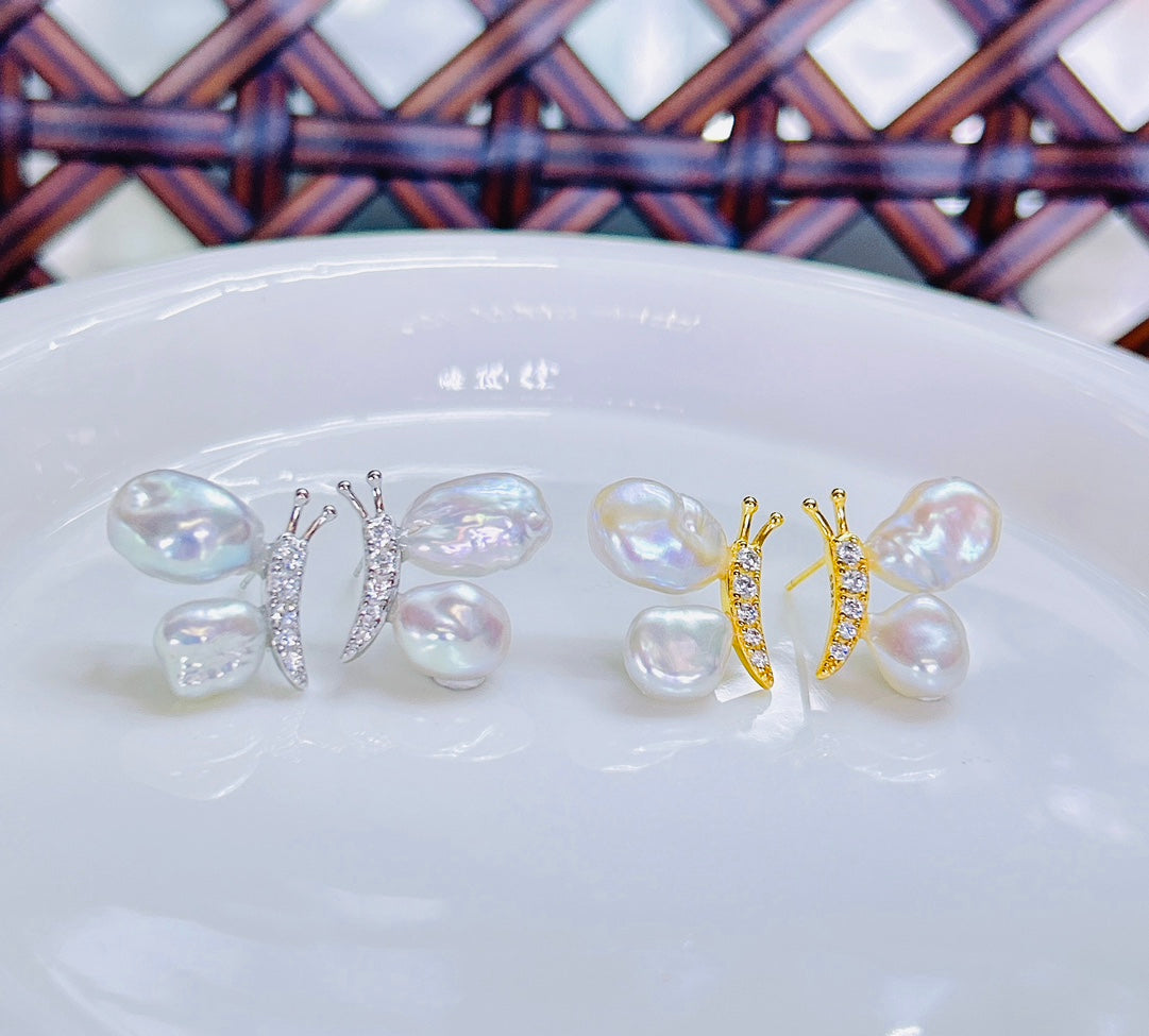 Butterfly Baroque Pearl Stud Earrings | Symbol of Freedom · S925 Sterling Silver · Natural Freshwater Design