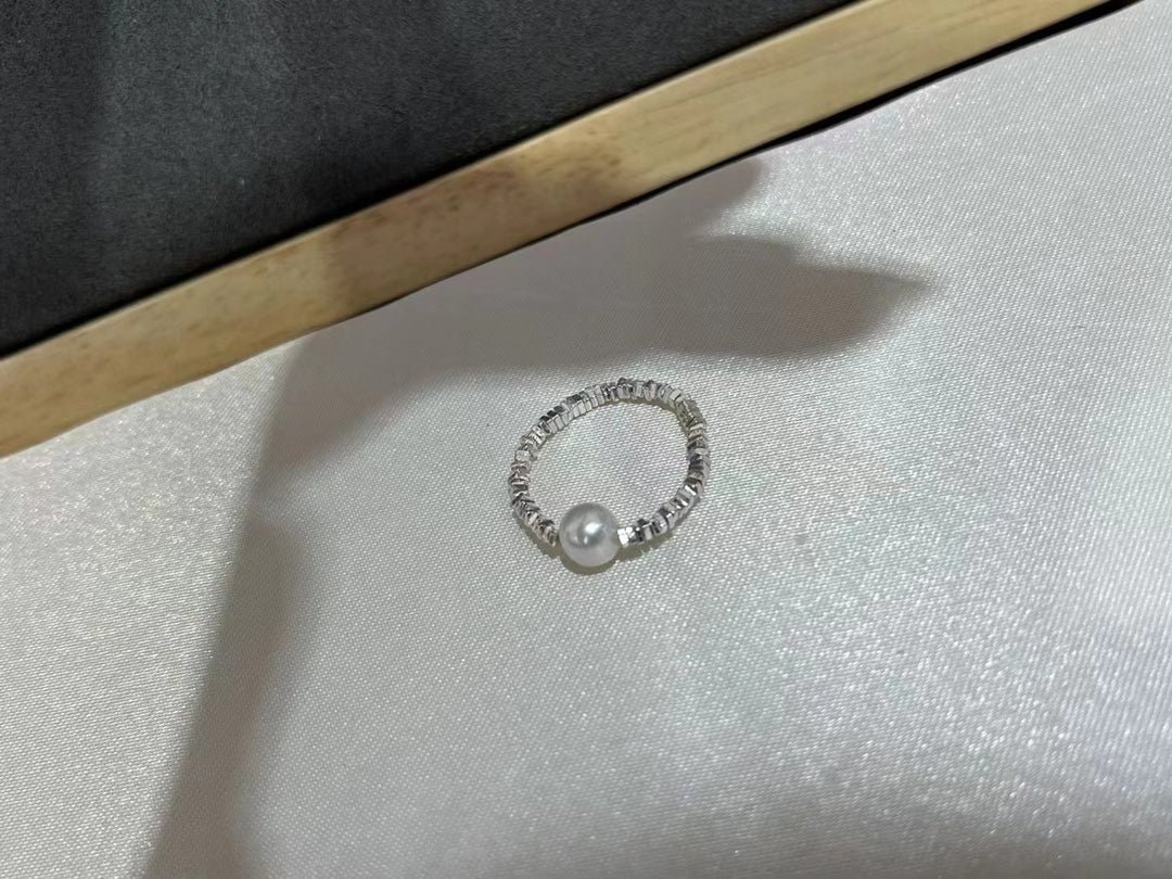 Crushed Silver Akoya Pearl Ring | 4–5mm Freshwater Pearl Band · Elastic Fit · Full S925 Silver