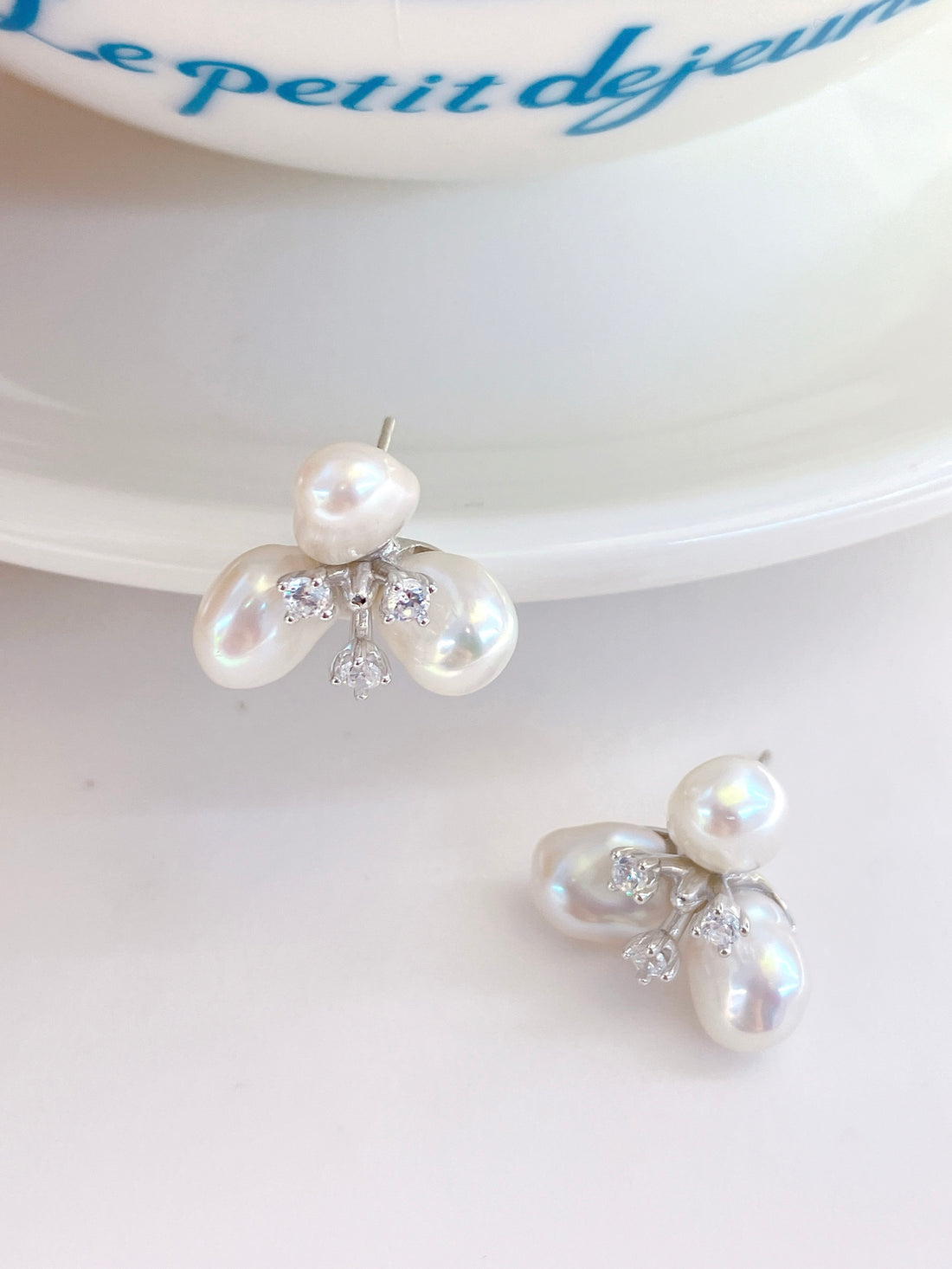 Baroque Clover Pearl Stud Earrings — Aurora Luster · Sterling Silver Plated · Natural Form
