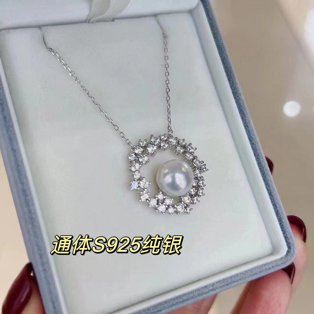 Sterling Silver Akoya Pearl Necklace | 7–8mm Saltwater Pearl · Full Zircon Pavé · Dreamy &amp; Elegant Glow