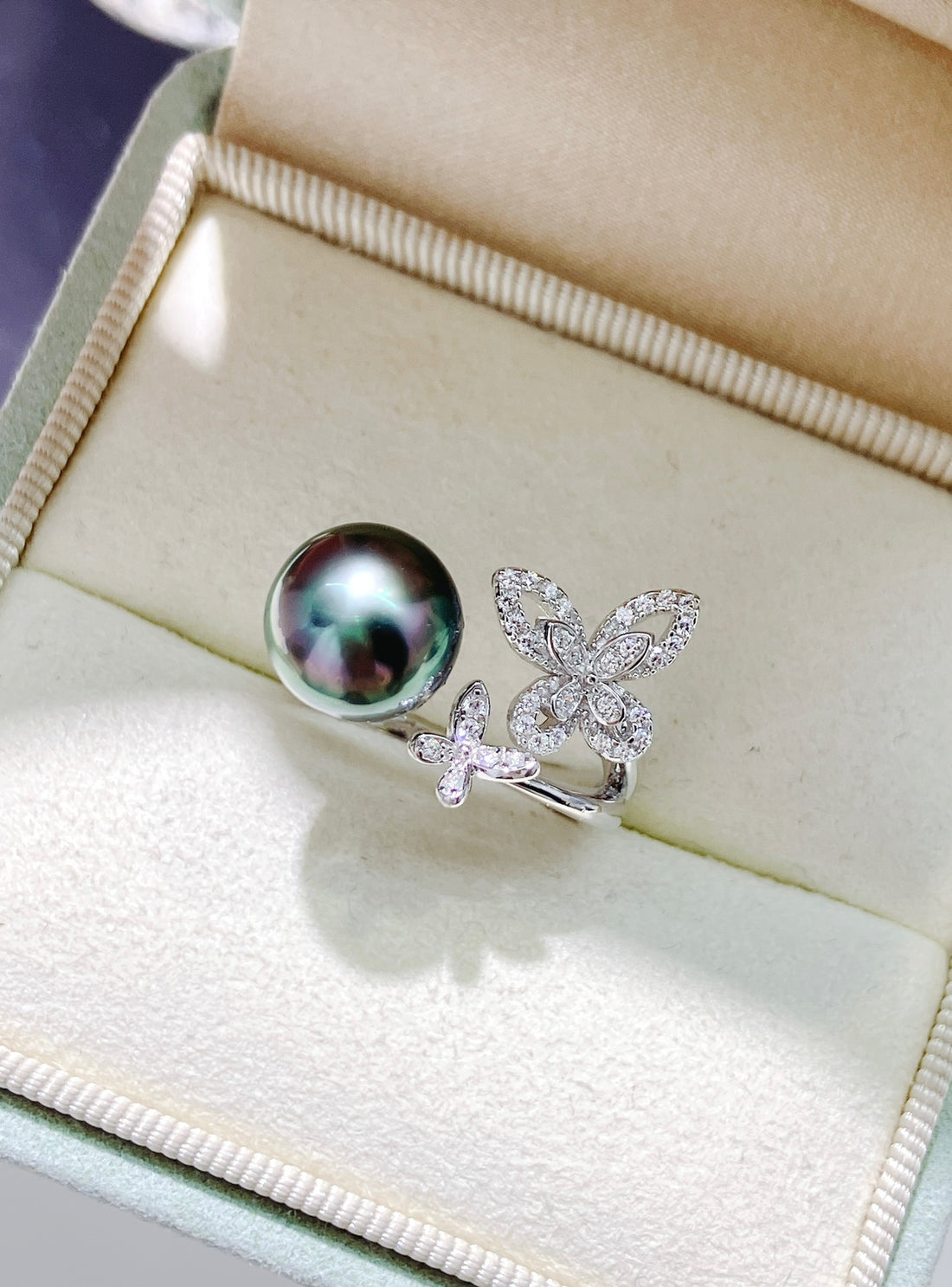 Aurora Tahitian Pearl Ring | 9–10mm Near-Round · Mirror Luster · Adjustable S925 Silver Band