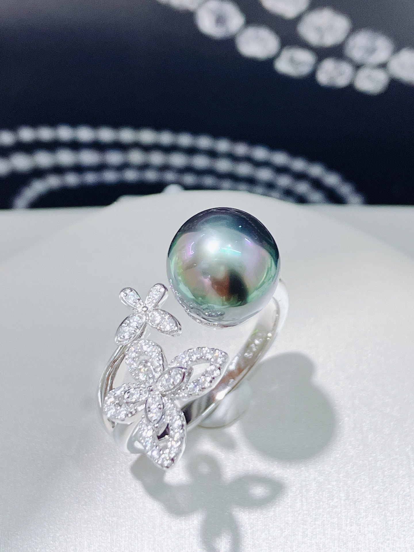 Aurora Tahitian Pearl Ring | 9–10mm Near-Round · Mirror Luster · Adjustable S925 Silver Band