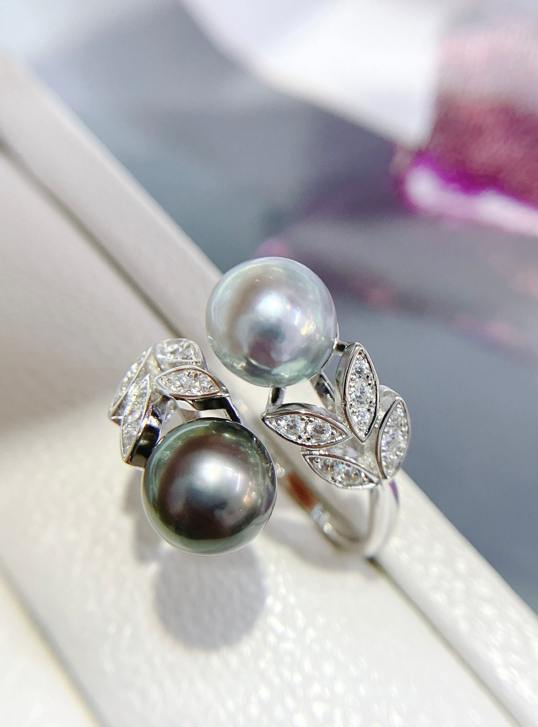 Double Pearl Ring | Tahitian &amp; Akoya Pearls · 8–9mm · High Luster · Adjustable S925 Silver