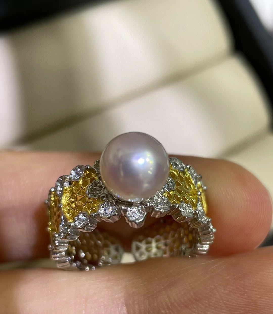 Japanese Akoya Pearl Ring | 8–9mm · S925 Sterling Silver · Dual-Tone Design