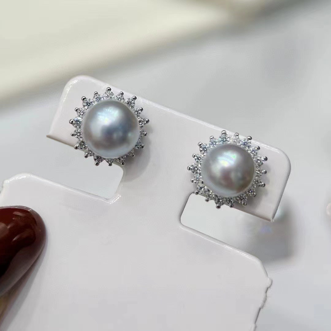 Sunflower Stud Earrings | 8mm Akoya Pearl · S925 Silver · Zircon-Set Radiance