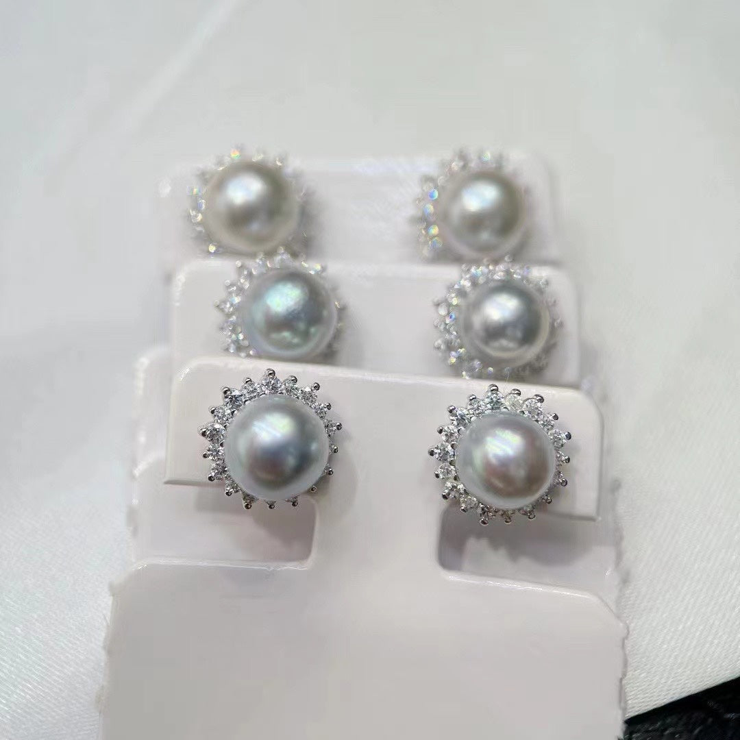 Sunflower Stud Earrings | 8mm Akoya Pearl · S925 Silver · Zircon-Set Radiance