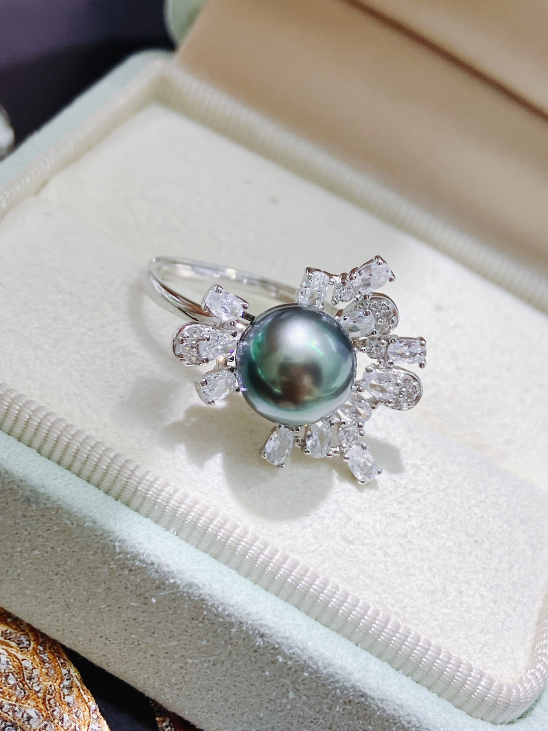 Tahitian Firework Ring | 9–10mm · Near Round · Mirror-Like Iridescence · Adjustable S925 Sterling Silver