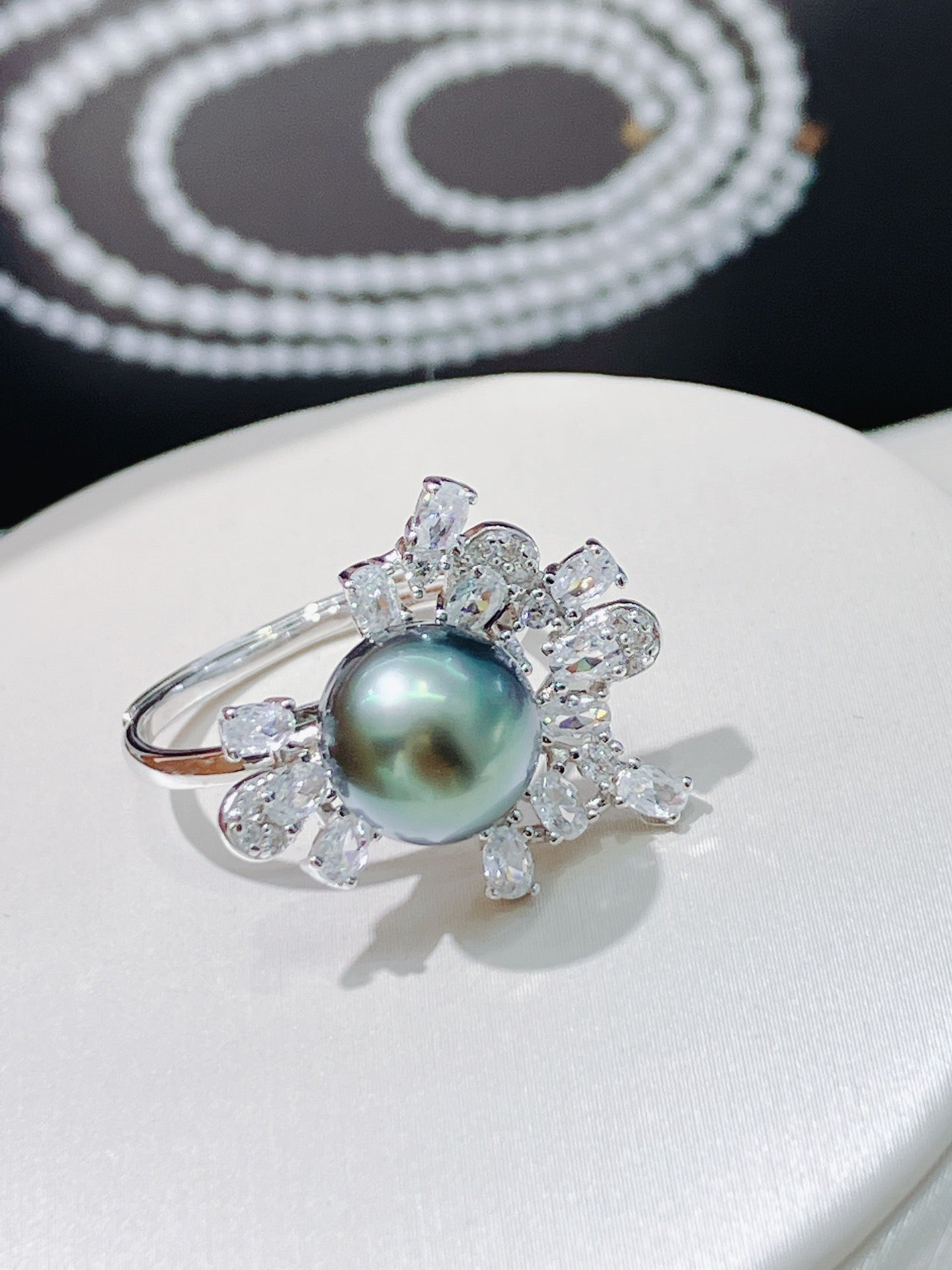 Tahitian Firework Ring | 9–10mm · Near Round · Mirror-Like Iridescence · Adjustable S925 Sterling Silver